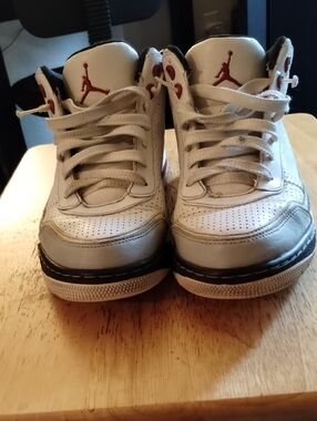 Jordan Men's White and Red High-Top Sneakers with Black Trim